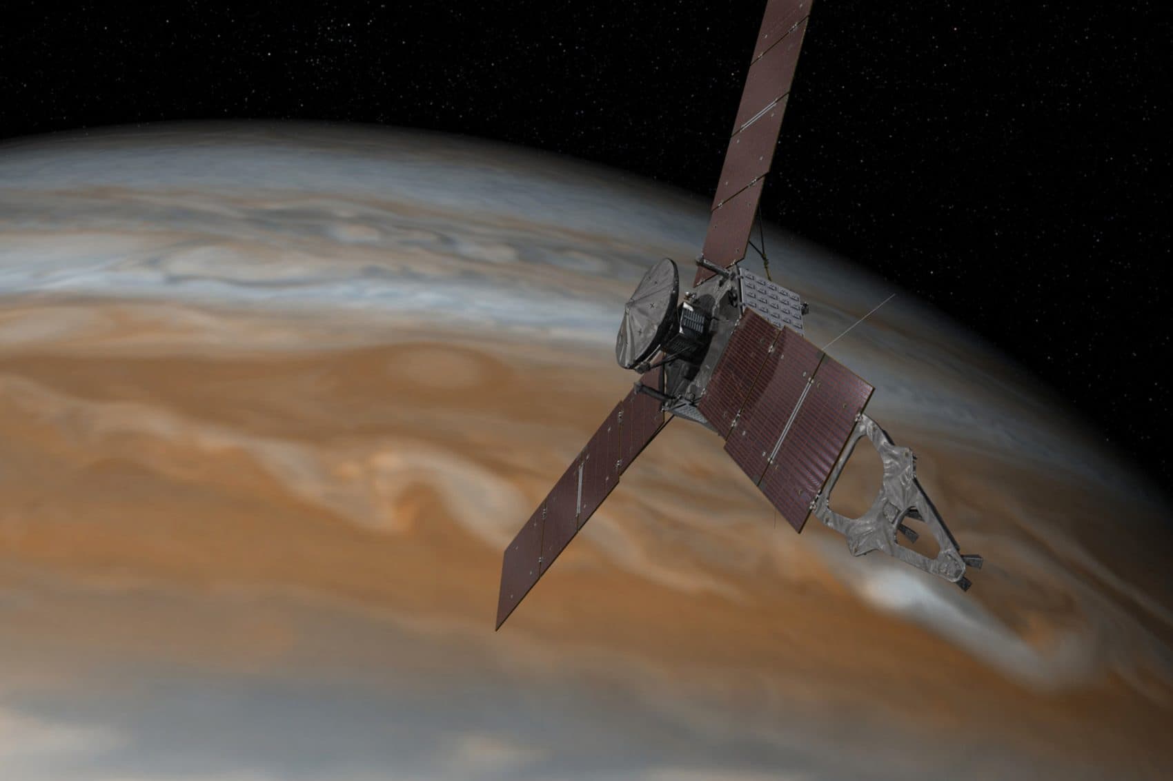 This artist's rendering made available by NASA/JPL-Caltech shows the Juno spacecraft above Jupiter. (NASA and JPL-Caltech/AP))