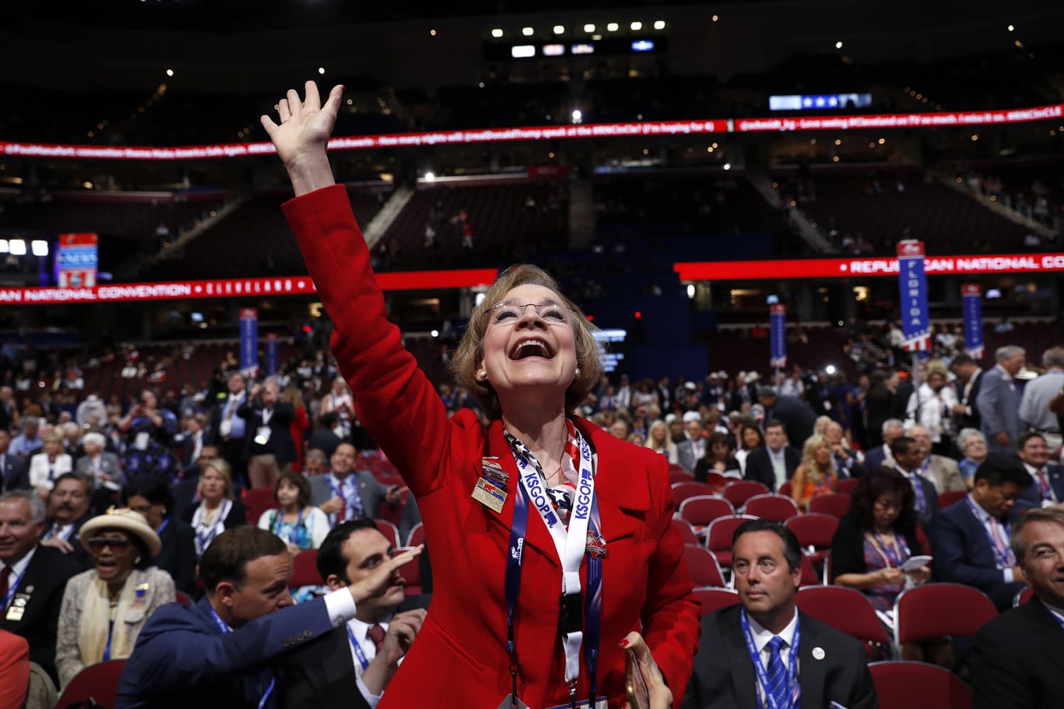 Kansas delegate Beverly Gossage cheers as Sen. Pat Roberts, R-Kan., speaks during first day of the Republican National Convention in Cleveland. (Carolyn Kaster/AP)