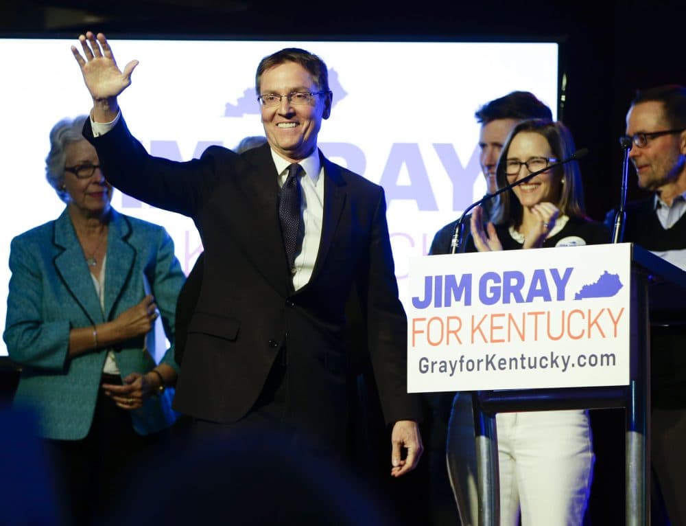 Lexington Mayor Jim Gray waves to his supporters after election night results came in during his campaign for US Senate on Tuesday, May 17, 2016, in Lexington, Kentucky. (Mark Cornelison/Lexington Herald-Leader via AP)