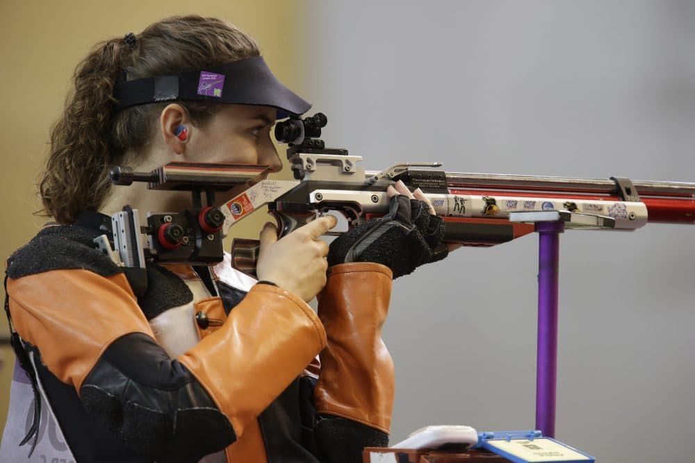 Sarah Scherer shoots during the women's 10-meter air rifle final at the 2012 Summer Olympics in London. (Rebecca Blackwell/AP)