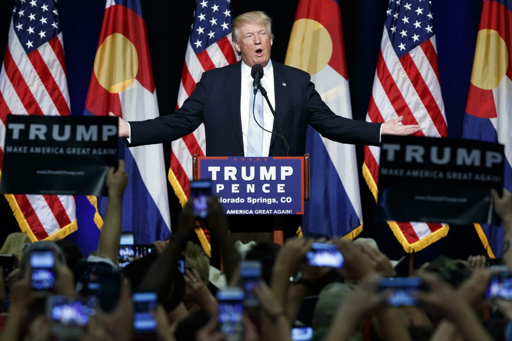 Republican presidential candidate Donald Trump pictured at campaign rally in Colorado Springs, Colo., Friday, July 29, 2016. (Evan Vucci/AP) 