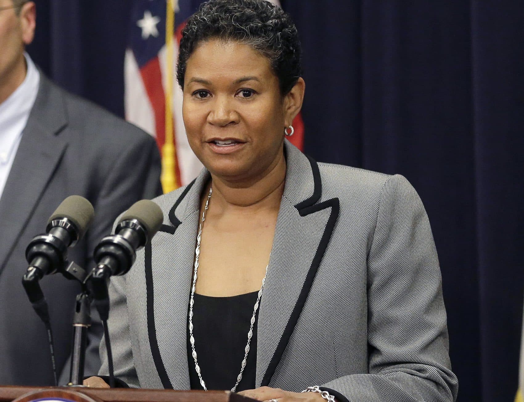Massachusetts Superior Court judge Kimberly Budd speaks during a news conference at the State House in Boston after Gov. Charlie Baker nominated her to the state's Supreme Judicial Court in June. (Steven Senne/AP)