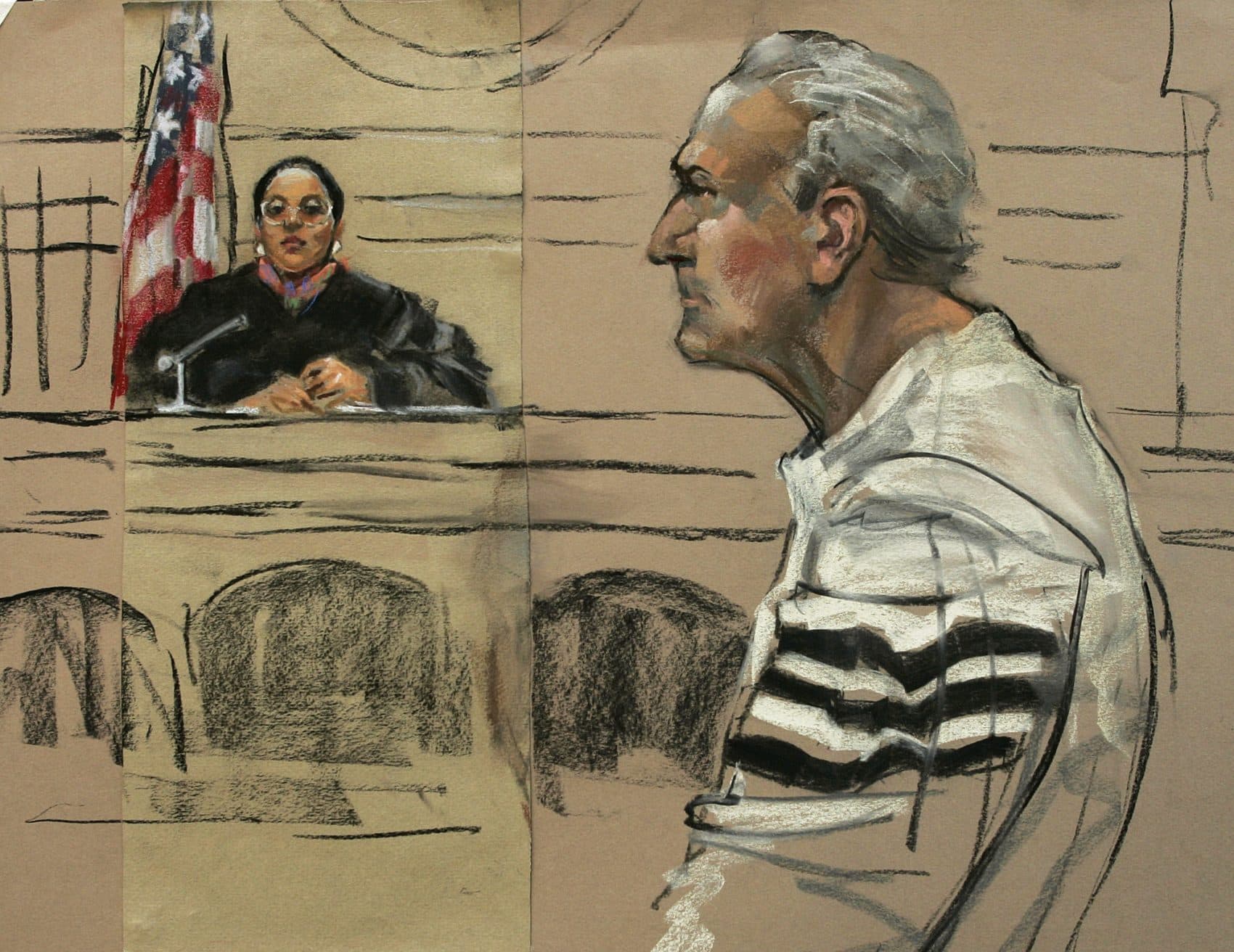 This is a courtroom artist's depiction of former New England Mafia boss Francis P. "Cadillac Frank" Salemme, 71, appearing before Judge Joyce Alexander in federal court in Boston in 2004. (Constance Flavell Pratt/AP)