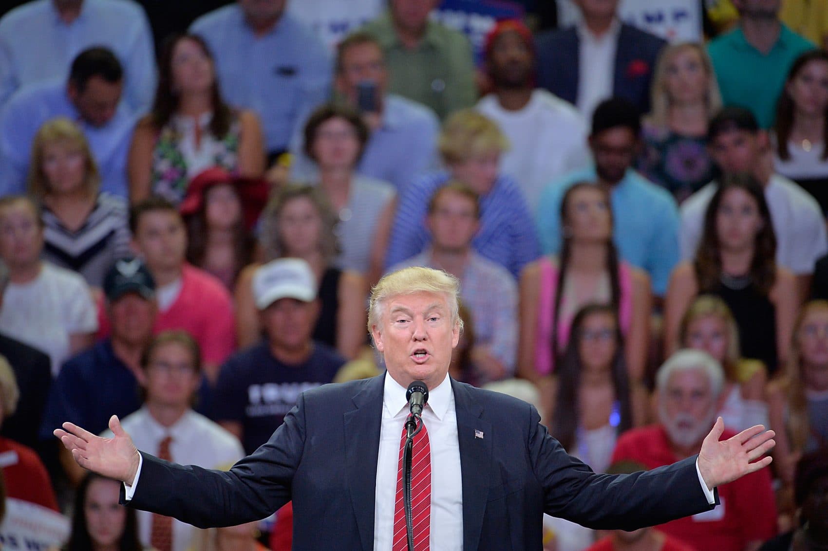 Republican presidential candidate Donald Trump addresses the audience during a campaign event at Trask Coliseum on Aug. 9, 2016 in Wilmington, North Carolina. (Sara D. Davis/Getty Images)
