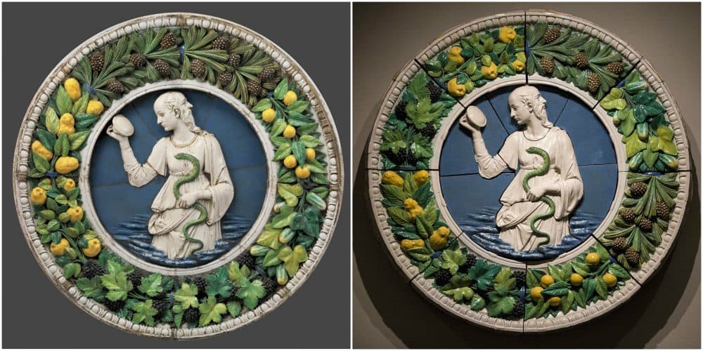 &quot;Prudence&quot; has a numbering system that explains how to put it together. The team initially assembled it in the wrong order (shown on the left), but rearranged it in Della Robbia's intended way for the exhibition (shown on the right). (Courtesy MFA and Jesse Costa/WBUR)