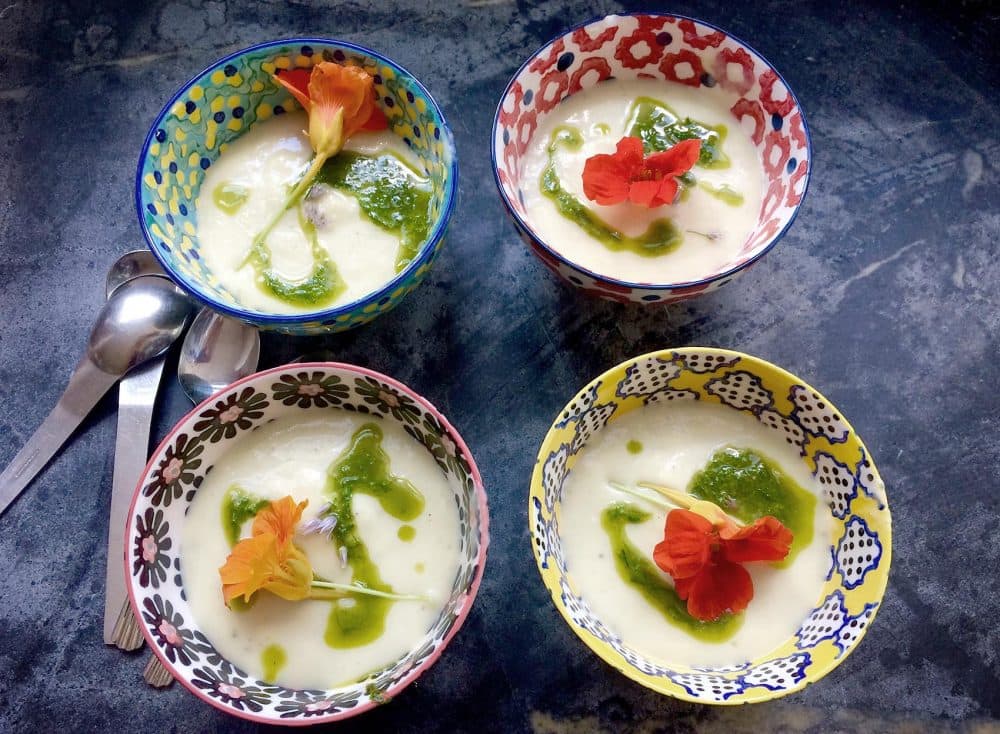 Bowls with Kathy's cold vichyssoise. (Kathy Gunst for Here &amp; Now)