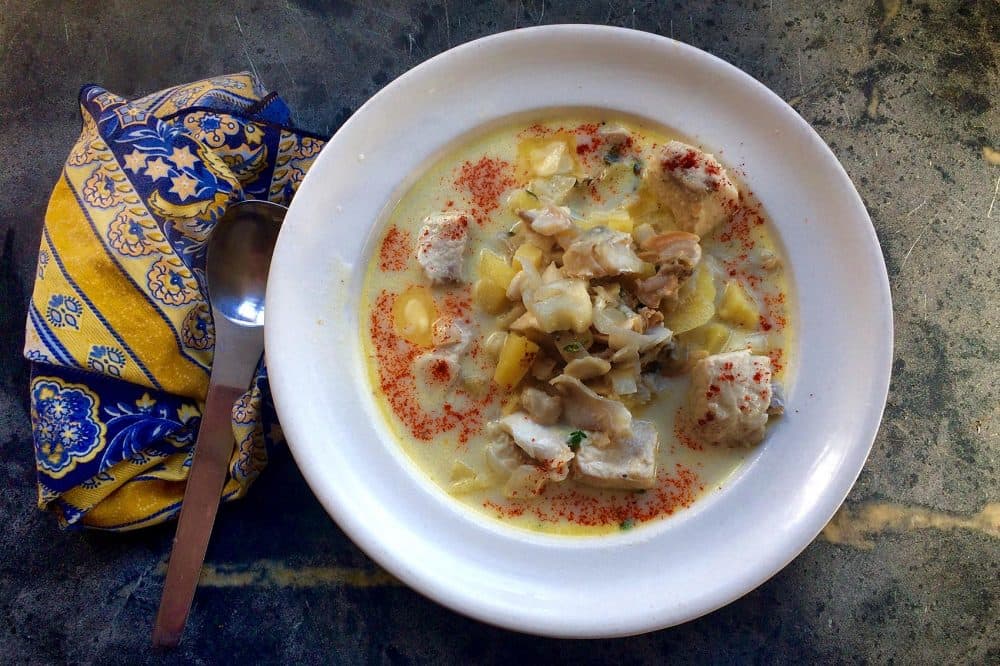 Kathy's summer clam and fish chowder. (Kathy Gunst for Here & Now)