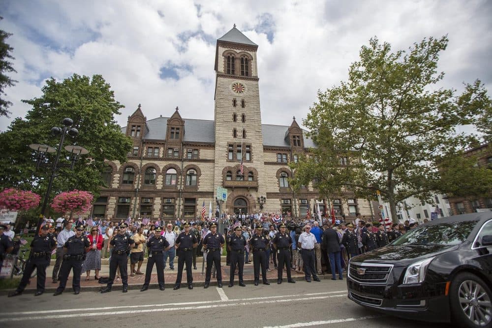 The scene outside of Cambridge City Hall Tuesday during the ceremony to honor the return of Cpl. Ronald Sparks' remains. (Jesse Costa/WBUR)