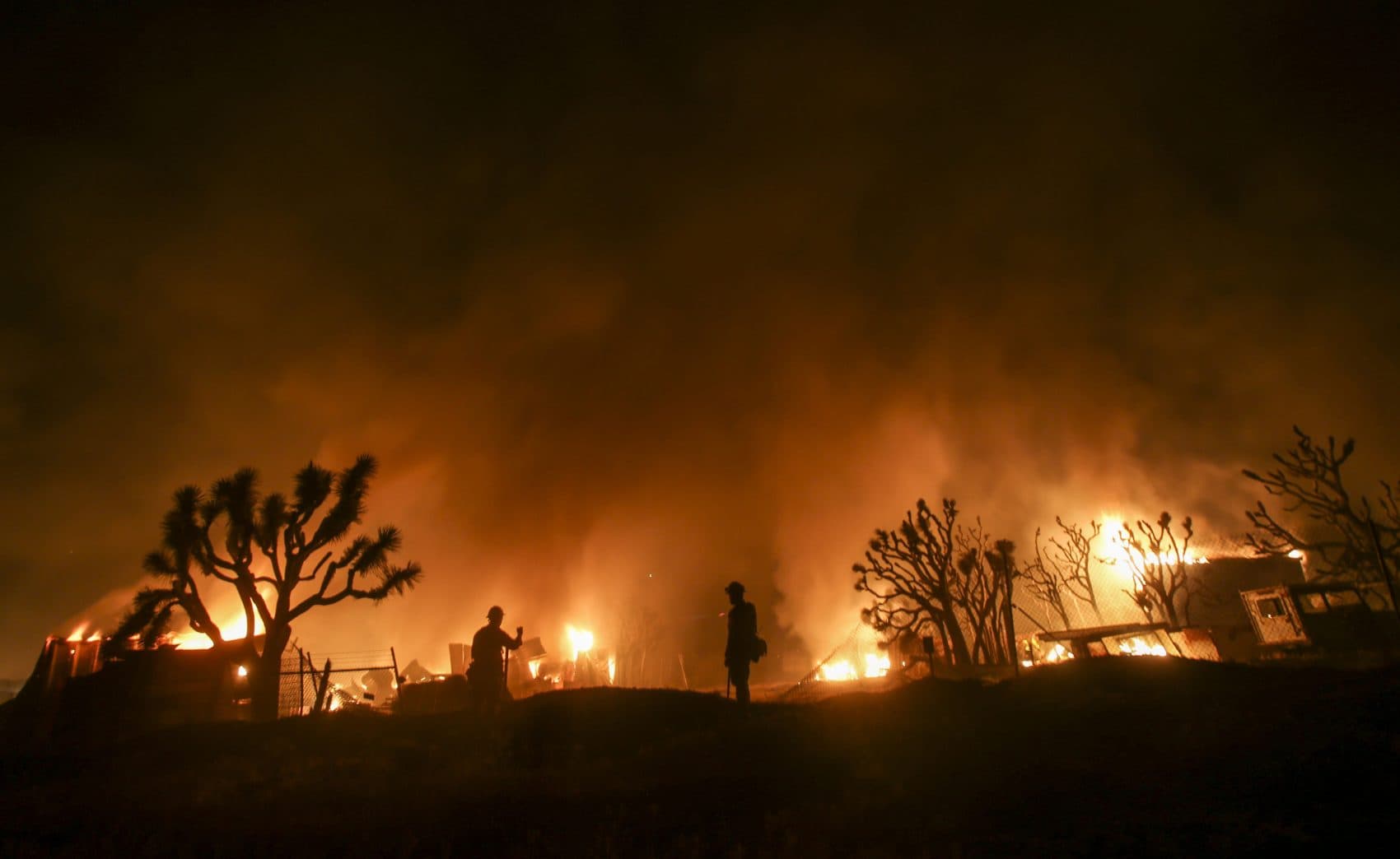 Firefighters watch the Blue Cut wildfire near Cajon Pass, north of San Bernardino, California on Aug. 16, 2016. (Ringo Chiu/AFP/Getty Images)