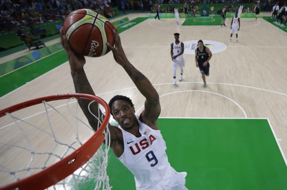 Team USA guard DeMar DeRozan scores during a Men's quarterfinal basketball match between the U.S. and Argentina in Rio de Janeiro on Aug. 17, 2016 during the Rio 2016 Olympic Games. (Eric Gay/AFP/Getty Images)