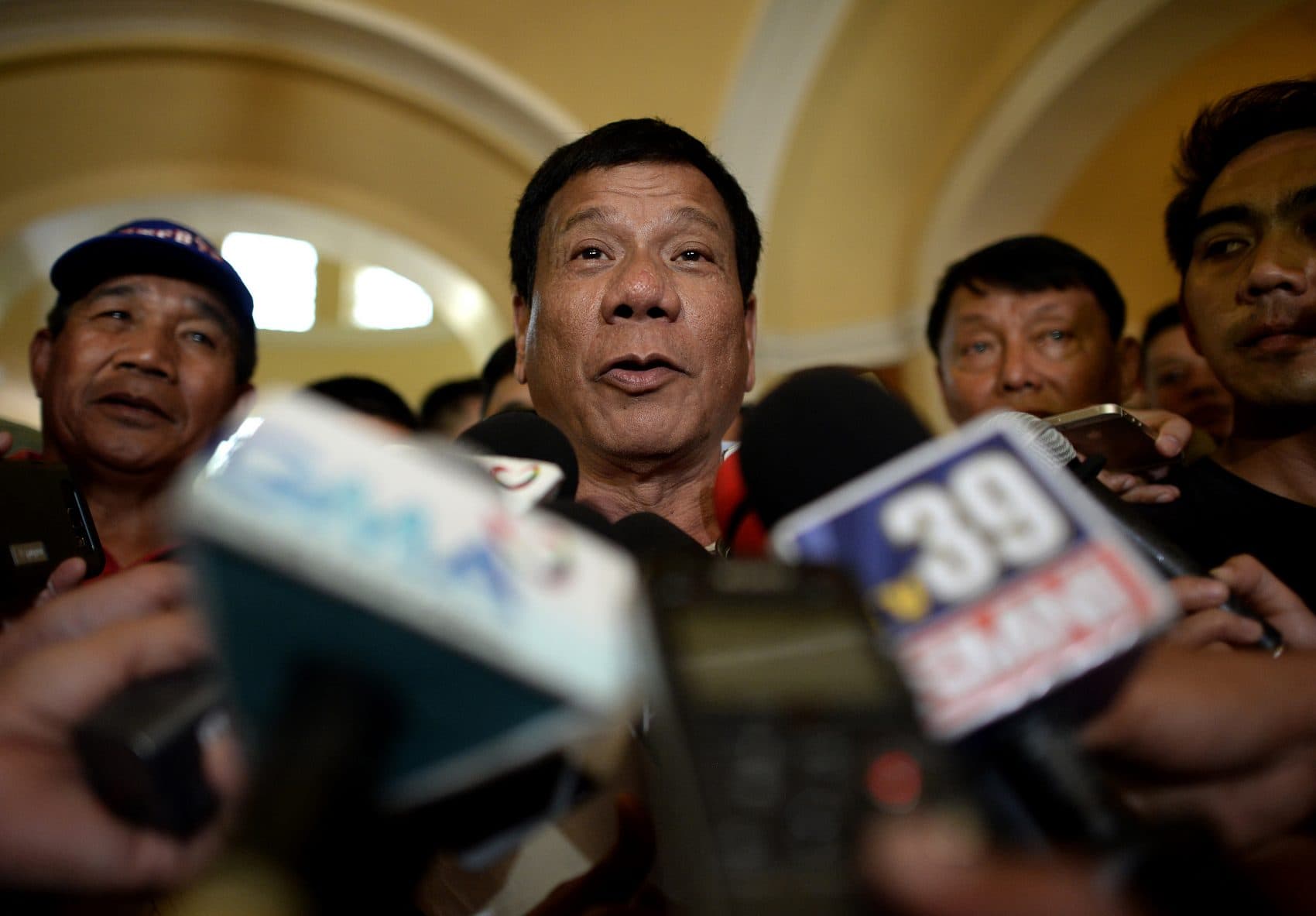 Davao City Mayor and Presidential Candidate Rodrigo Duterte speaks to reporters in Lingayen, Pangasinan, north of Manila on March 2, 2016. (Noel Celis/AFP/Getty Images)