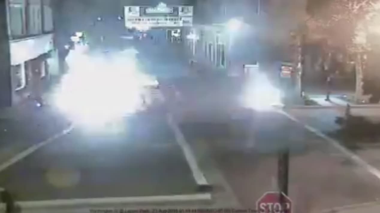 Explosion at the 'Rainbow Times' newsbox in downtown Salem. (Photo Courtesy of Salem Police Footage)