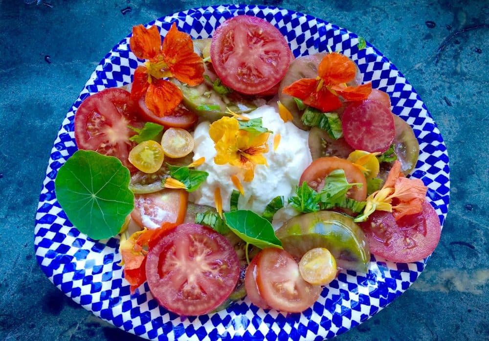 Kathy's tomato salad with burrata. (Kathy Gunst for Here &amp; Now)