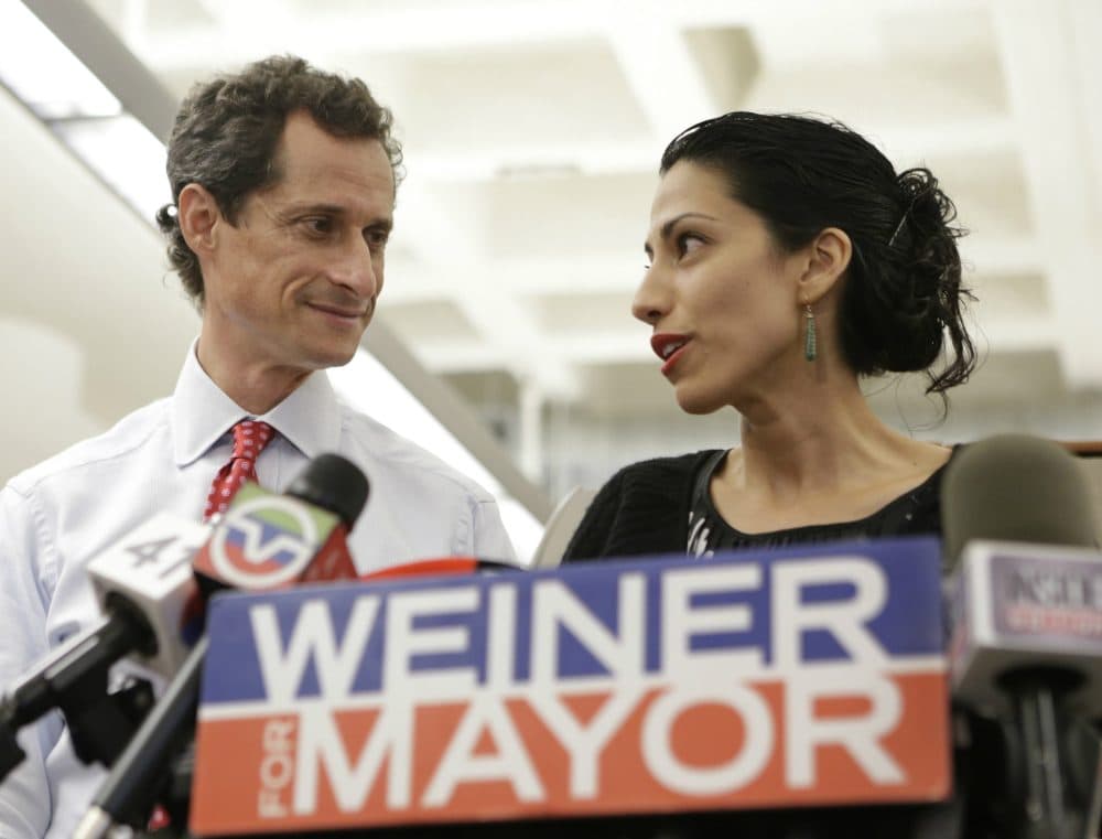 In this July 23, 2013 file photo, Huma Abedin, alongside her husband, then-New York mayoral candidate Anthony Weiner, speaks during a news conference in New York. (Kathy Willens/AP)