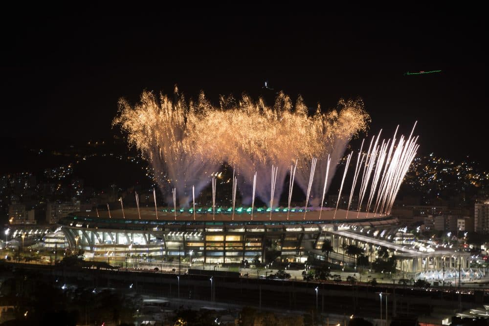 Fireworks explode above the Maracana stadium during the rehearsal of the opening ceremony of the Olympic Games in Rio de Janeiro, Brazil, Sunday, July 31, 2016. (Felipe Dana/AP)