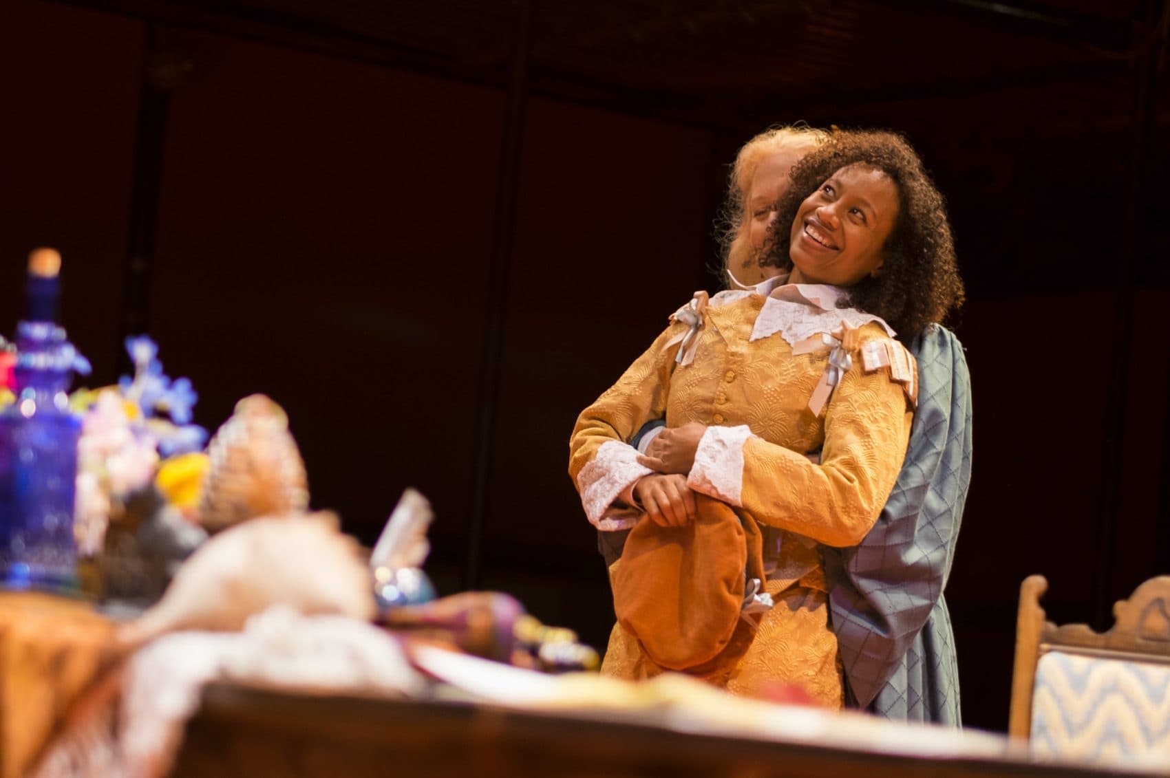 Nehassaiu deGannes as Nell Gwynne and Tod Randolph as Aphra Behn in "Or," at Shakespeare &amp; Company. (Courtesy of Ava G. Lindenmaier)