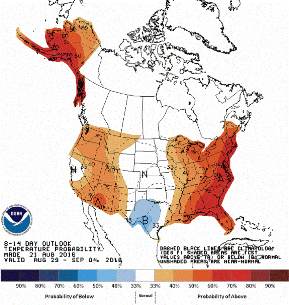 Warm weather is expected to continue into early September. (Courtesy NOAA)