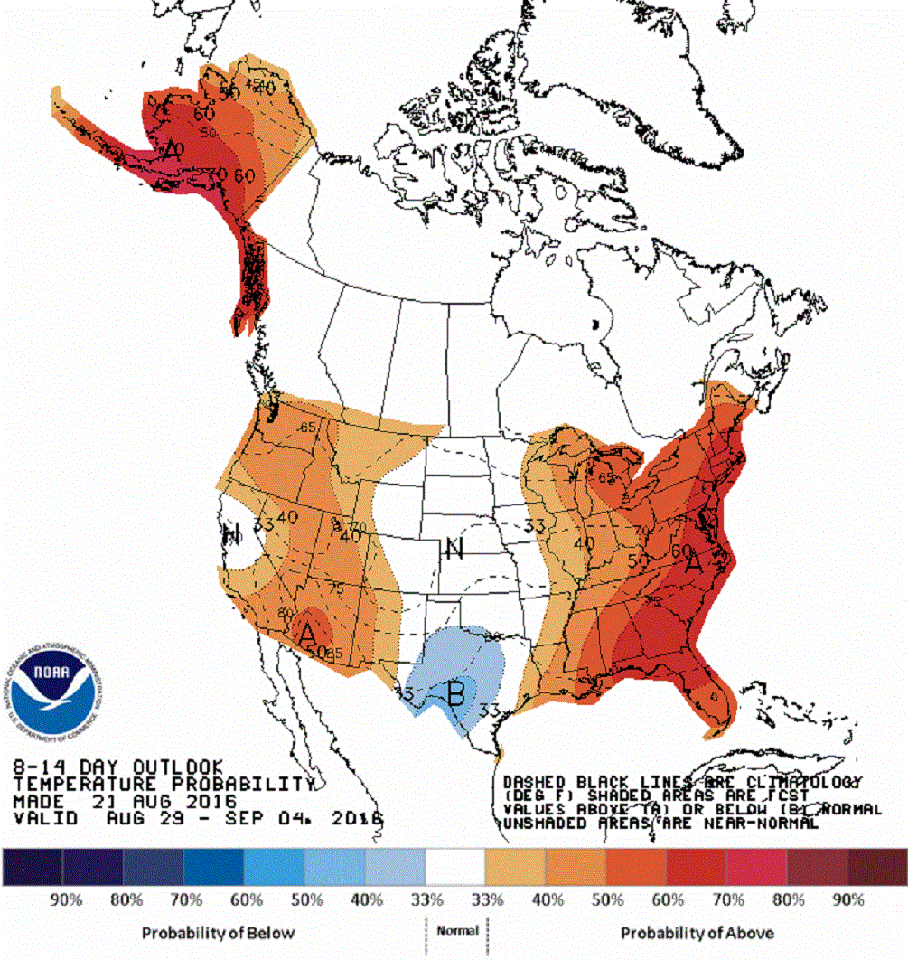 Warm weather is expected to continue into early September. (Courtesy NOAA)