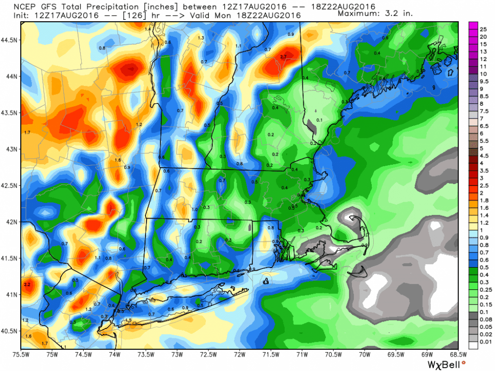 Long-range forecasts have some rain showers for Monday afternoon and Monday night. (Courtesy WeatherBell Analytics)