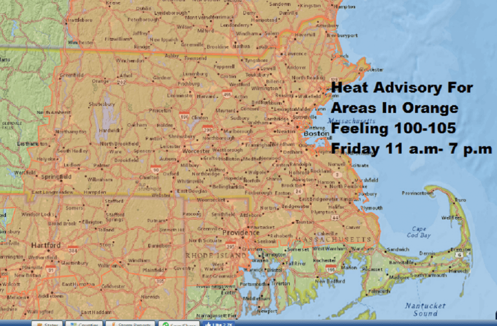A heat advisory is posted from 11 a.m to 7 p.m. Friday for areas in orange. It will feel 100-105 degrees during this time. (David Epstein/WBUR)