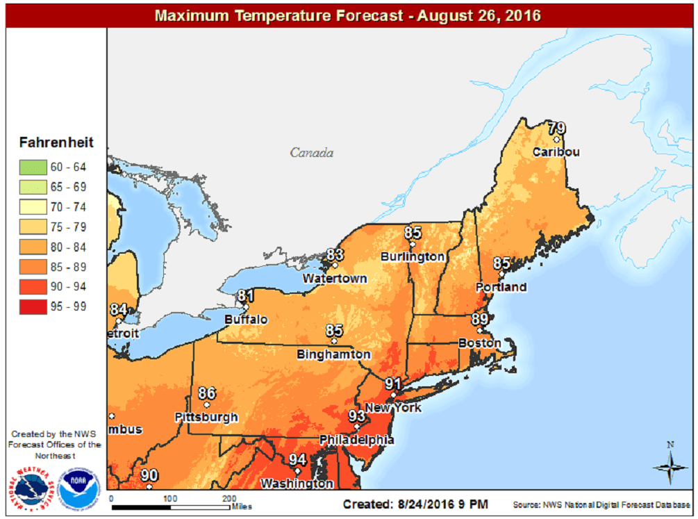 Temperatures Friday afternoon will approach 90 degrees in spite of the chance of showers. (Courtesy NOAA)