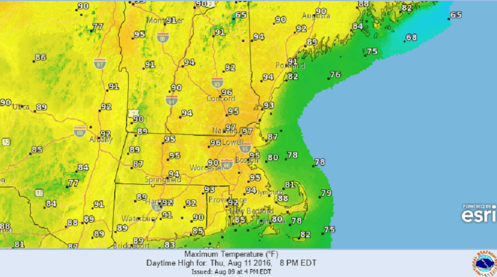 Expected high temperatures for Thursday. (Courtesy NOAA)