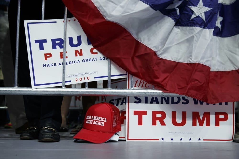 What does Donald Trump sound like to a kid? Pictured here: supporters of Republican presidential candidate Donald Trump wait for his arrival to a campaign rally at the University of North Carolina Wilmington on Tuesday in Wilmington, N.C. (Evan Vucci/AP)