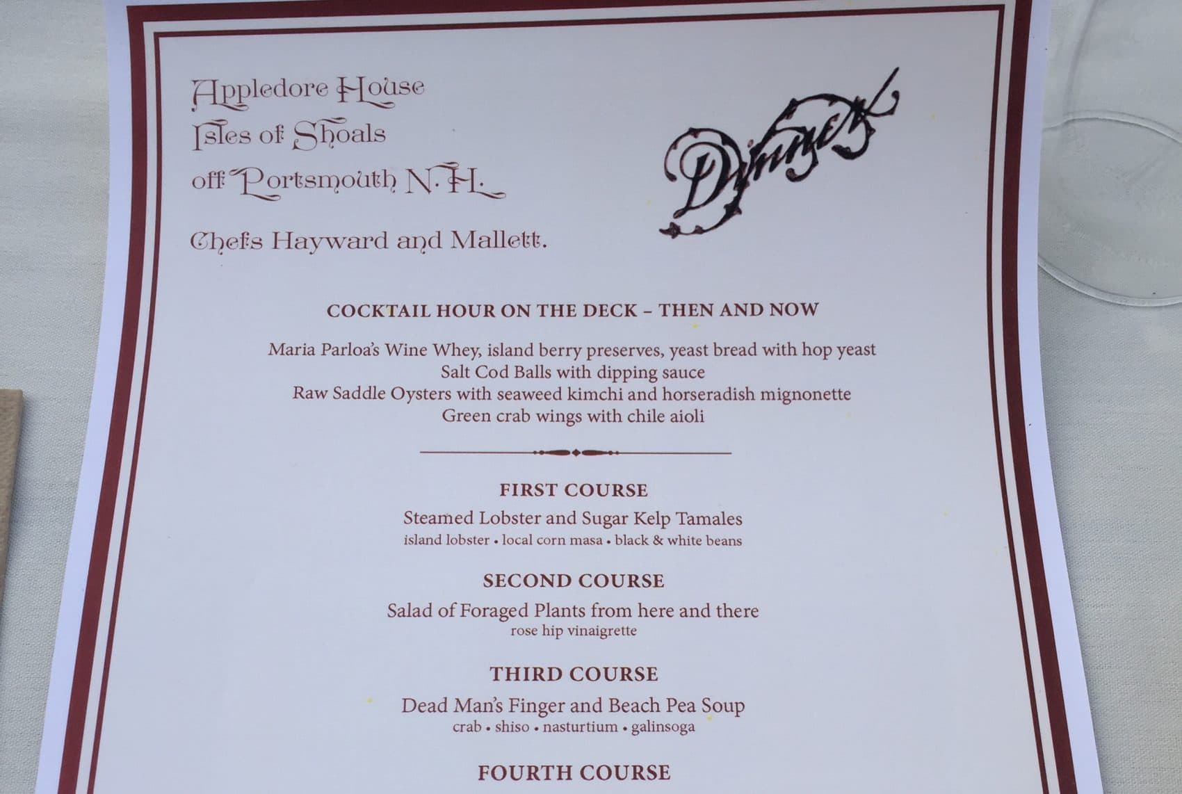 The menu for the Saturday night dinner. (Courtesy Amy Sherwood)
