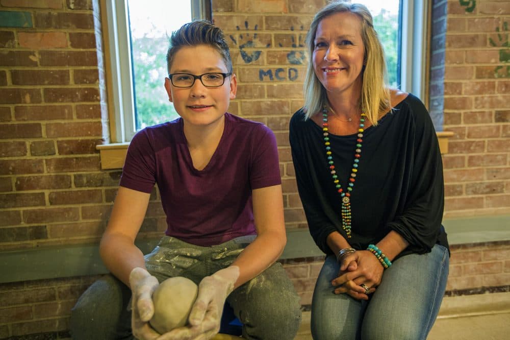 Jackson Fyfe with his mother Haven Fyfe Kiernan. (Jesse Costa/WBUR)