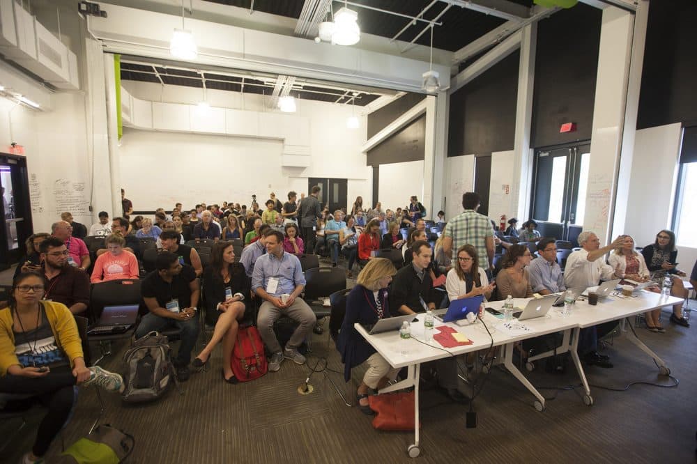 MGH and the GE Foundation recently hosted a hackathon at District Hall in Boston's Seaport District. The goal was to come up with novel ideas and technologies to combat the opioid addiction crisis. (Joe Difazio for WBUR)