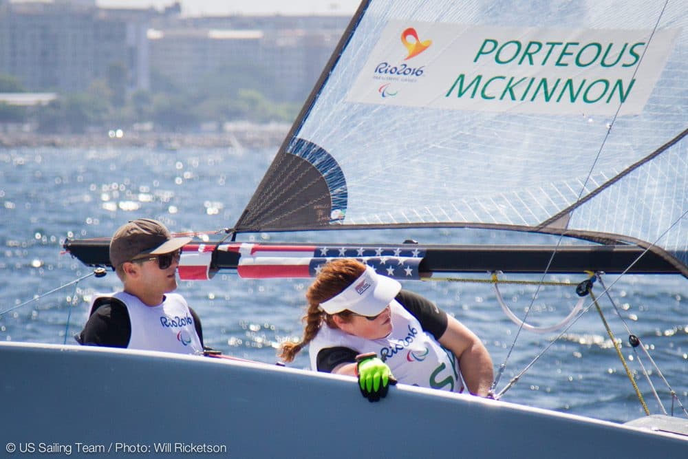 Paralympian Maureen McKinnon, of Marblehead, (right) is seen sailing with her sailing partner, Ryan Porteous, of San Diego, while sailing in a pre-regatta trial race in Rio. (Courtesy U.S. Sailing)