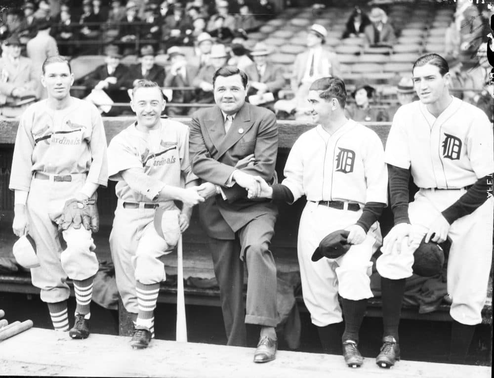 At the 1934 World Series, from left to right: Cardinals pitcher Dizzy Dean and manager Frank Frisch, Babe Ruth, Tigers manager Mickey Cochrane and pitcher Schoolboy Rowe. (Courtesy of Walter Reuther Library)