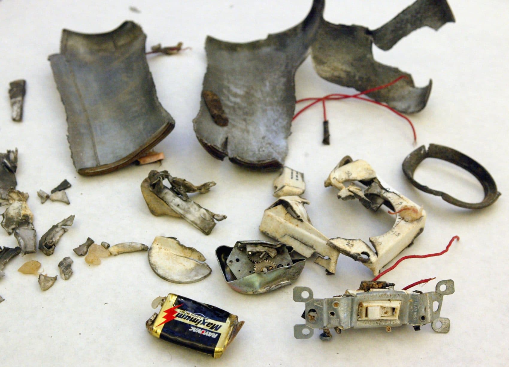 Debris of a pipe bomb is displayed Nov. 17, 2003 during a media tour at the forensic special case laboratory of the Bureau of Alcohol, Tobacco, Firearms and Explosives' (ATF) Fire Research Laboratory in Ammendale, Maryland. (Alex Wong/Getty Images)