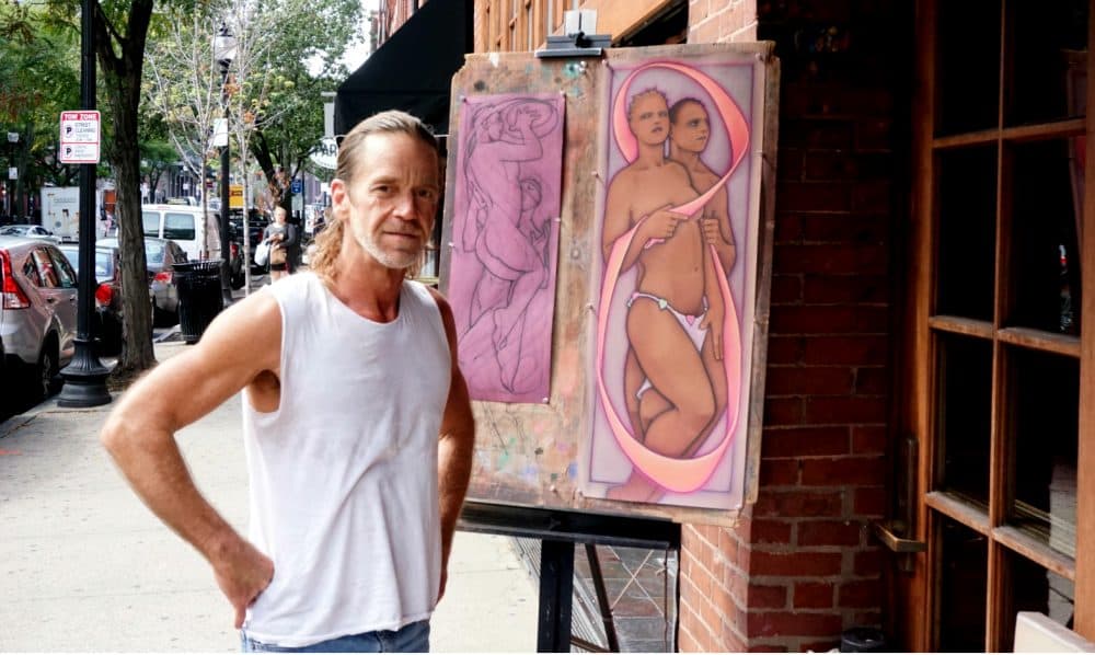 Artist Eric Kluin outside of the Newbury Street restaurant Sonsie. (Tom Meek for WBUR)