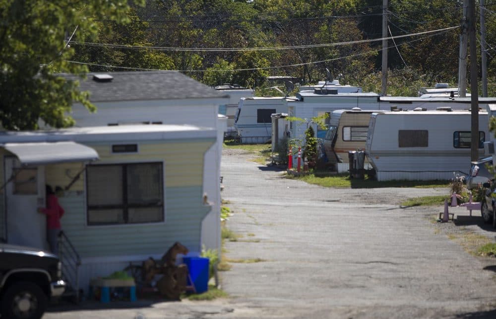 Homes are seen in Lee's Trailer Park near Suffolk Downs in Revere. It's here that the developer behind Question 1 wants to build a slots parlor. (Jesse Costa/WBUR)