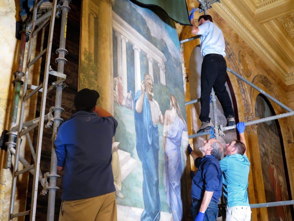 The mural is now back in its place in the Boston Public Library. (Andrea Shea/WBUR)