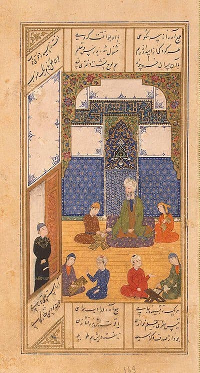 An illustration of the poem "Layla and Manjun," from the Hermitage Museum in St. Petersburg, showing the characters Layla and Manjun at school. (Courtesy Hermitage Museum)