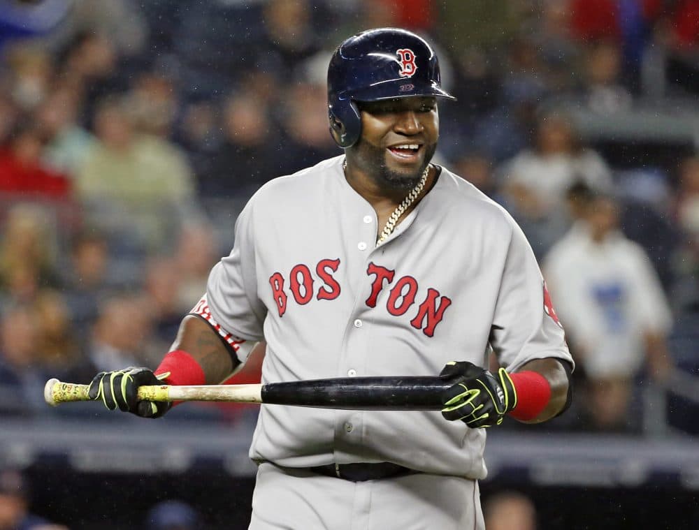 Boston Red Sox designated hitter David Ortiz reacts after flying out to deep center field in the sixth inning of a baseball game against the New York Yankees in New York. (Kathy Willens/AP)