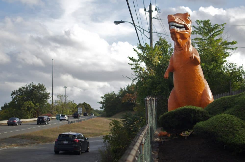 Thanks to its proximity to Route 1, the orange dinosaur has become a landmark to many. (Sharon Brody/WBUR)