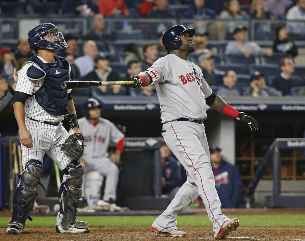 David Ortiz flies out against the Yankees on Wednesday night. The team plans to honor the retiring slugger over its last regular-season homestand, which begins Friday. (Kathy Willens/AP)