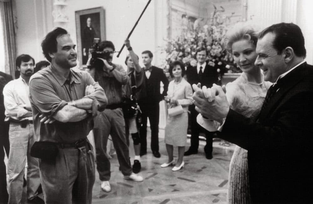 Oliver Stone directs Joan Allen and Anthony Hopkins during the filming of the wedding of Richard and Pat Nixon's daughter Julie. (Courtesy of Oliver Stone and Ixtlan Productions)