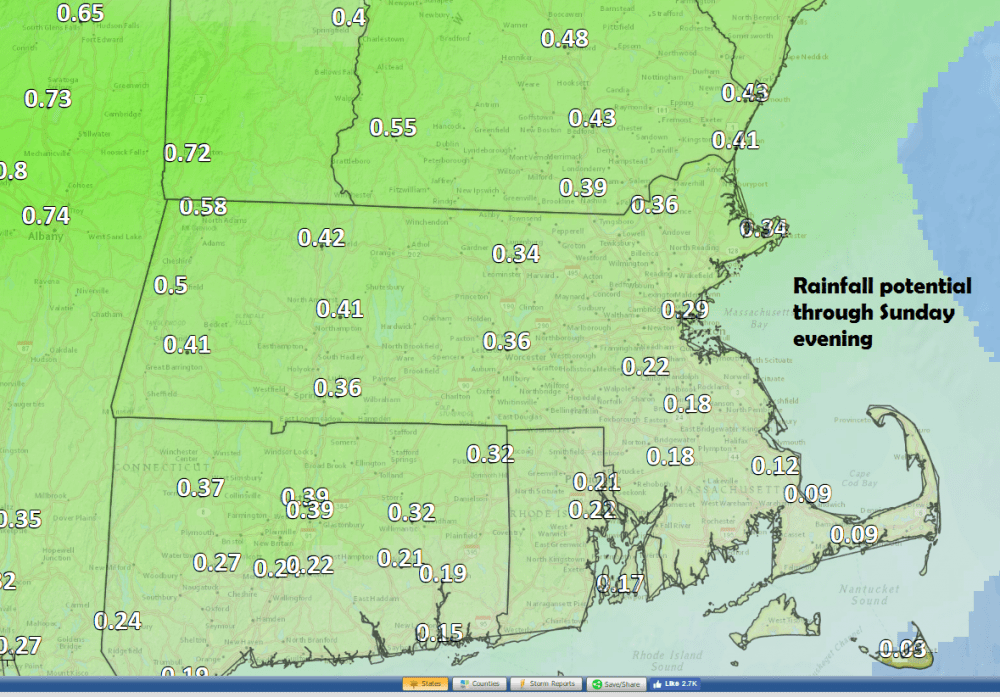 Expected rainfall later this weekend (Dave Epstein/WBUR)