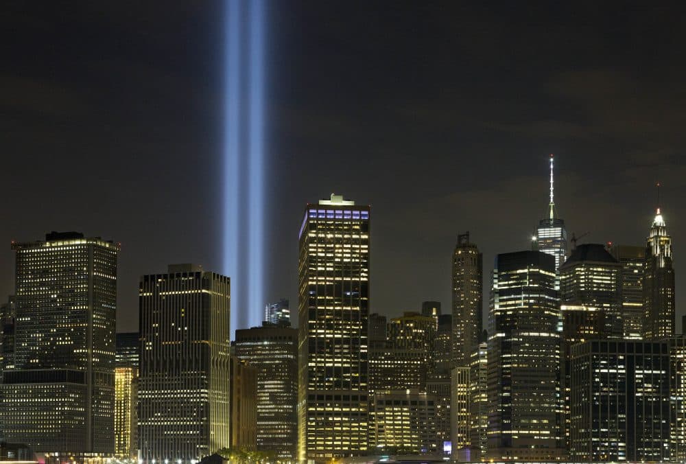 The Tribute in Light rises above the lower Manhattan skyline on Saturday in New York. (Mark Lennihan/AP)