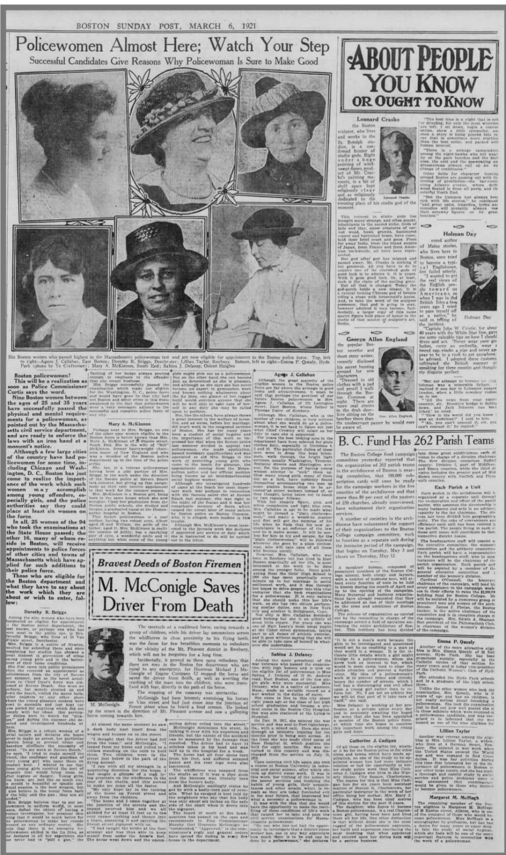 An article about the first female cops in Boston, published in the Boston Post on Sunday, March 6, 1921 under the headline &quot;Policewomen Almost Here: Watch Your Step.&quot; (Boston Post)