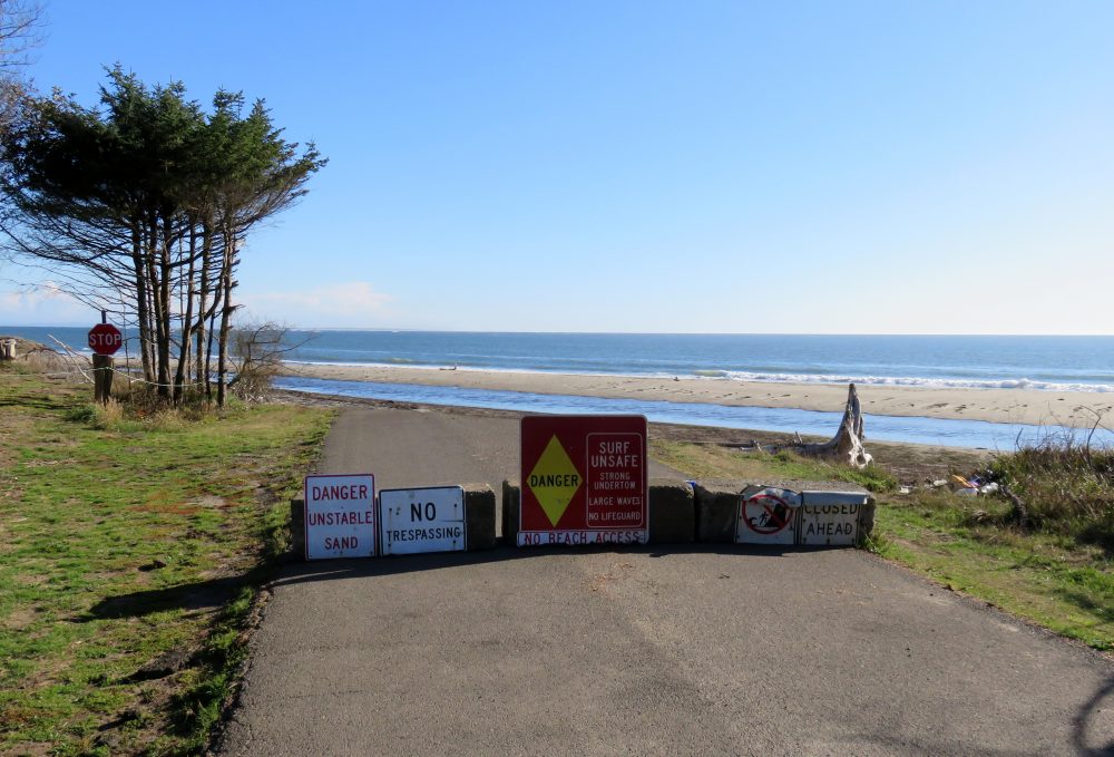 Neighborhood lanes terminate in thin air at Washaway Beach. (Tom Banse/Northwest News Network)