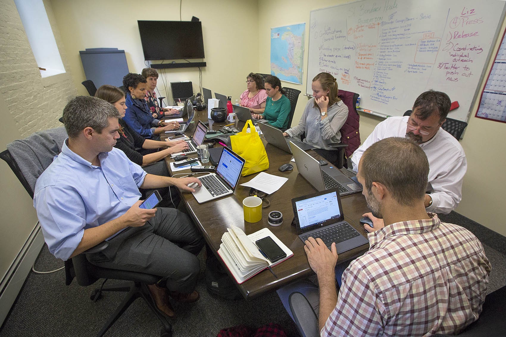 As Hurricane Matthew makes landfall in Haiti, the U.S. based staff of the St. Boniface Haiti Foundation in Newton lend support to its hospital staff in Fond-des-Blancs in southern Haiti. (Jesse Costa/WBUR)
