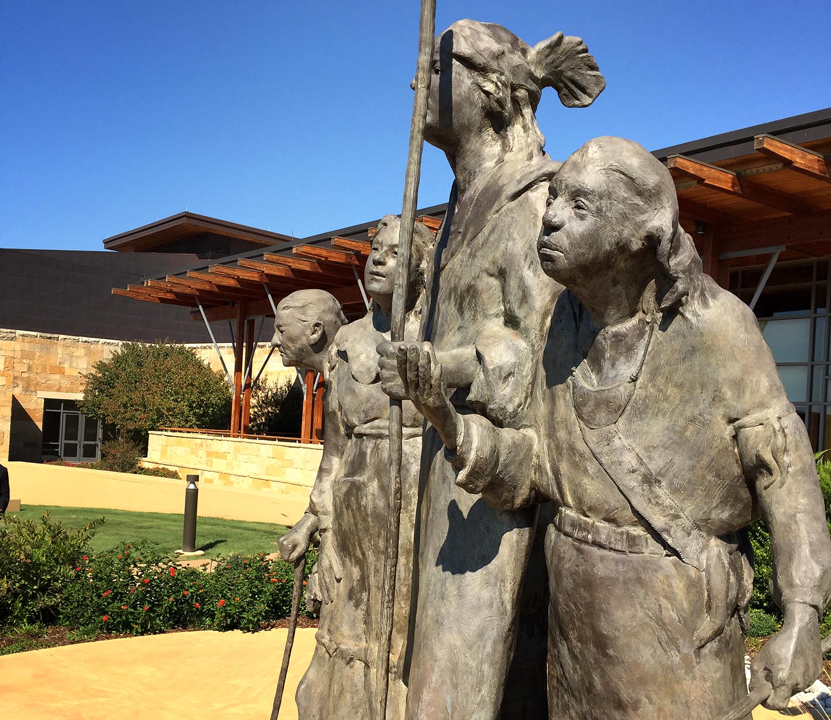 &quot;The Arrival&quot; statue at the Chickasaw Cultural Center in Sulphur, Okla. (Karyn Miller-Medzon/Here &amp; Now)