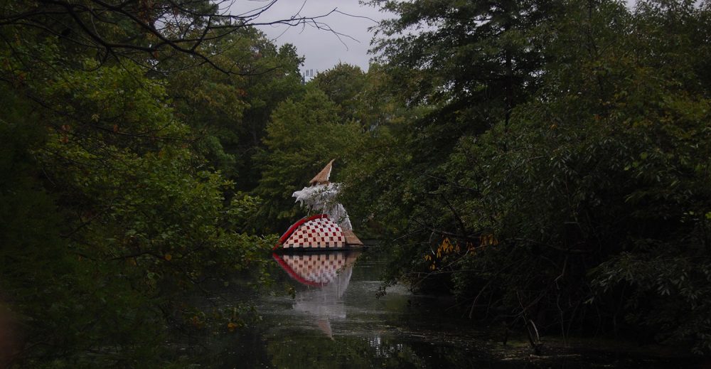 Caoimhghin Ó Fraithile's &quot;South of Hy-Brasil&quot; floats in Boston's Back Bay Fens. (Greg Cook/WBUR)