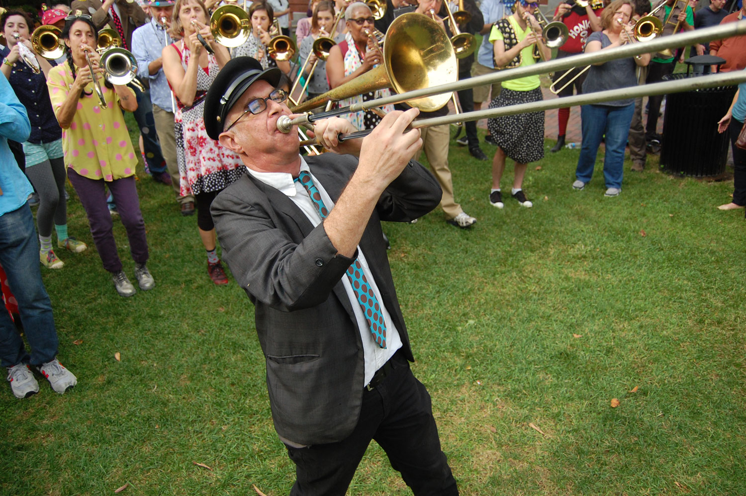 The School of Honk from Somerville performs at the Honk Festival in Somerville's Seven Hills Park on Saturday. (Greg Cook)