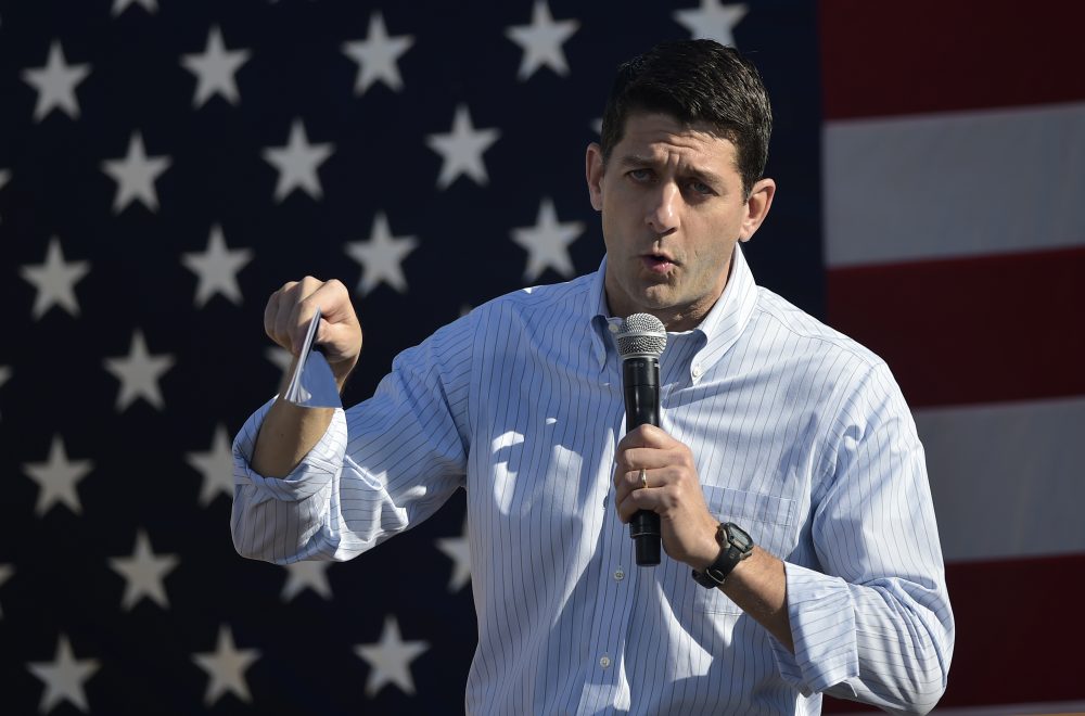 House Speaker Paul Ryan speaks during the 1st Congressional District Republican Party of Wisconsin Fall Fest on Oct. 8, 2016 at the Walworth County Fairgrounds in Elkhorn, Wis. U.S. Republican presidential candidate Donald Trump was scheduled to attend the Fall Fest with Ryan, who said he was "sickened" by lewd and misogynistic comments Trump made as he described groping women in a 2005 video released on Oct. 7, disinviting him from the political event in Wisconsin. (Mandel Ngan/AFP/Getty Images)